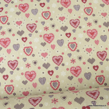 Tissu coton motifs joli coeur fond beige - Oeko tex