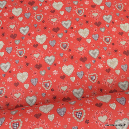 Tissu coton motifs joli coeur fond rouge - Oeko tex