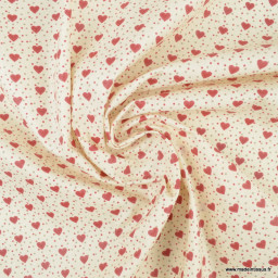 Tissu coton Enduit mini coeur motifs coeurs rouge fond ivoire - Oeko tex