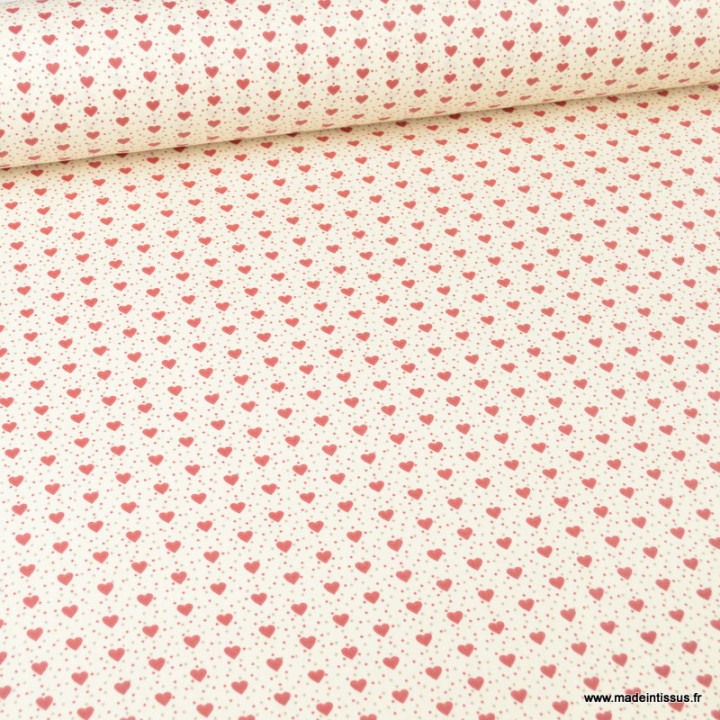 Tissu coton Enduit mini coeur motifs coeurs rouge fond ivoire - Oeko tex