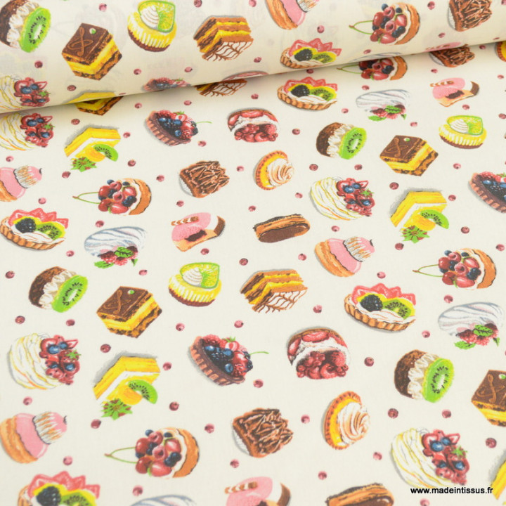 Tissu coton Enduit Mignardises motifs gateaux et cupcake - Oeko tex