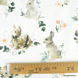 Tissu coton Sherwood motifs eucalyptus, faons et lapins fond blanc - Oeko tex