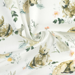 Tissu coton Sherwood motifs eucalyptus, faons et lapins fond blanc - Oeko tex