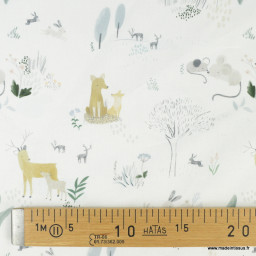 Tissu coton Country motifs arbres, lapins et renards fond blanc - Oeko tex