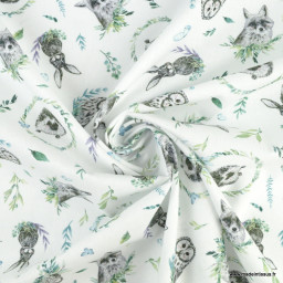 Tissu coton Forest motifs chouettes, lapins et renards fond blanc - Oeko tex