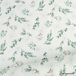 Tissu coton Ombia motifs eucalyptus et oiseaux fond blanc - Oeko tex
