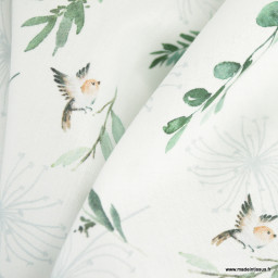 Tissu coton Ombia motifs eucalyptus et oiseaux fond blanc - Oeko tex
