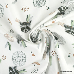 Tissu coton Ratoune motifs ratons laveurs fond blanc - Oeko tex
