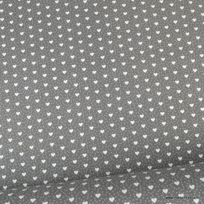 Tissu coton motifs mini coeur fond gris - Oeko tex