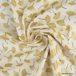 Tissu coton motifs Ginkgo or fond ivoire - Oeko tex