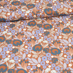 Tissu Cotton and Steel, Penny Cress Garden motifs fleurs camel et parme - oeko tex