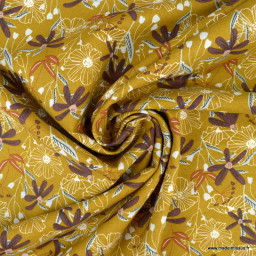 Tissu Cotton and Steel, collection Wallflower motifs fleurs fond moutarde Blooms - oeko tex
