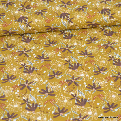 Tissu Cotton and Steel, collection Wallflower motifs fleurs fond moutarde Blooms
