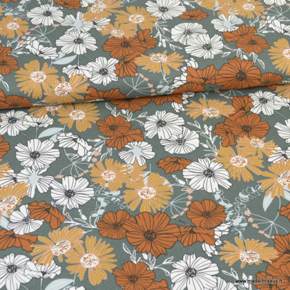 Tissu Cotton and Steel, collection Wallflower motifs fleurs fond moutarde Flowerchild