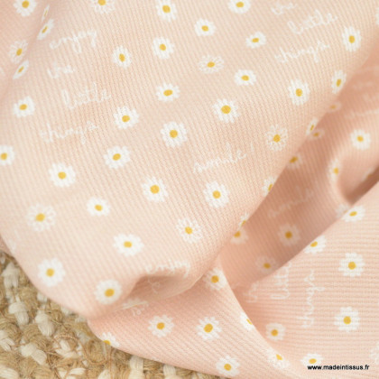 Tissu Piqué de coton motifs marguerites fond rose - Oeko tex