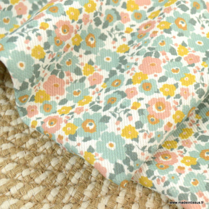 Tissu Piqué de coton motifs fleurs fond blanc - Oeko tex