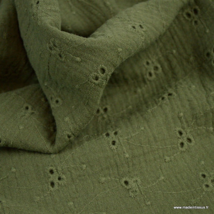 Tissu Double gaze brodée Margot coloris olive verte - oeko tex