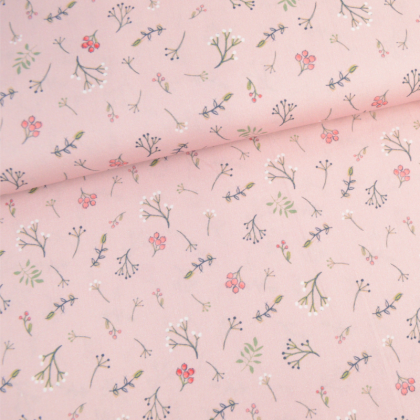 Tissu Popeline motif fleurs des champs fond rose - oeko tex