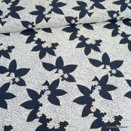 Tissu crêpe georgette motifs petites et grosses fleurs fond marine