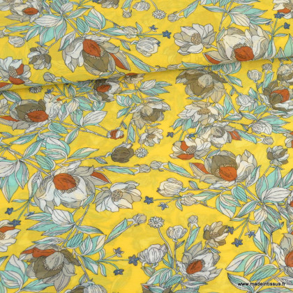 Tissu crêpe froissé motifs fleurs fond moutarde