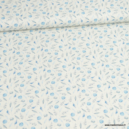 Tissu Popeline Bio motif feuillage bleu fond blanc cassé - oeko tex 
