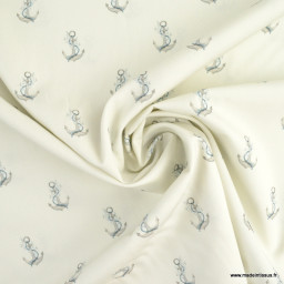 Tissu Popeline Bio motif ancres fond blanc cassé - oeko tex 