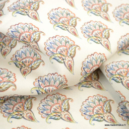 Tissu Popeline Bio motif fleurs Paisley fond blanc cassé - oeko tex 