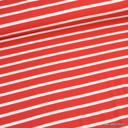 Tissu Jersey de Viscose type marinière rouge rayures blanches