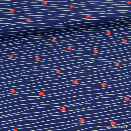 Tissu jersey à rayures motifs poissons fond marine - oeko tex