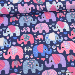 Tissu coton popeline motifs éléphants fond violet - oeko tex