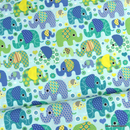 Tissu coton popeline motifs éléphants fond menthe - oeko tex