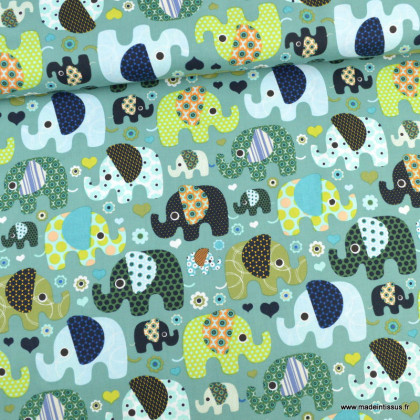 Tissu coton popeline motifs éléphants fond vert - oeko tex