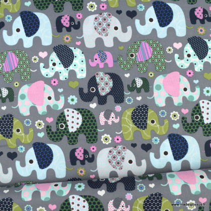 Tissu coton popeline motifs éléphants fond gris - oeko tex