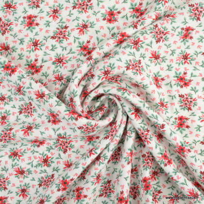 Tissu Viscose Cleore motifs fleurs romantiques rouge et menthe - Oeko tex