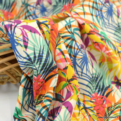 Tissu coton Ikaria motifs feuillages exotique multicouleurs - oeko tex