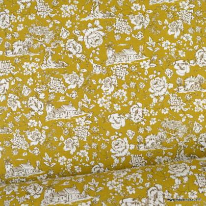 Tissu coton Nicole Toile de Jouy motifs fleurs et maison de village fond moutarde - oeko tex