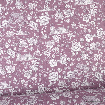 Tissu coton Nicole Toile de Jouy motifs fleurs et maison de village fond violet - oeko tex