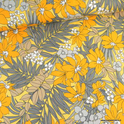 Tissu Jersey de Viscose motif fleurs et feuillages jaune et gris - oeko tex