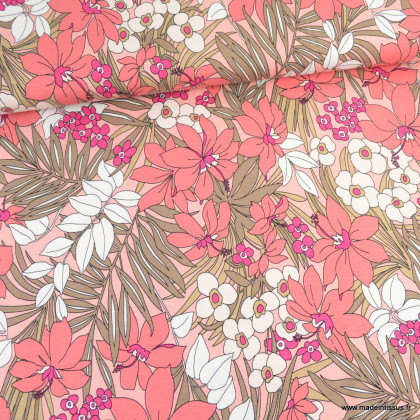 Tissu Jersey de Viscose motif fleurs et feuillages rose - oeko tex