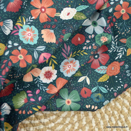 Tissu coton Mira motifs fleurs fond pétrole - oeko tex