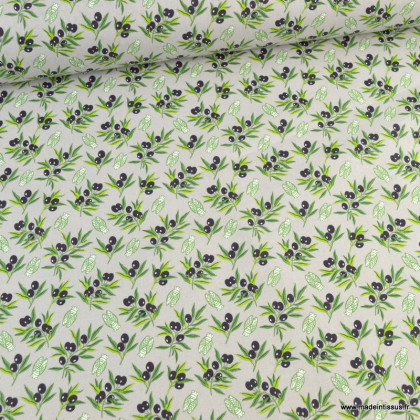 Tissu cretonne coton Uzes imprimé feuilles d'olivier et olives fond gris  - oeko tex