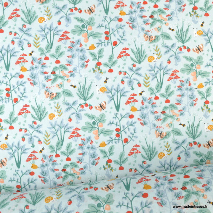 Tissu cretonne coton Jardinet motif légumes du jardins et fleurs - oeko tex