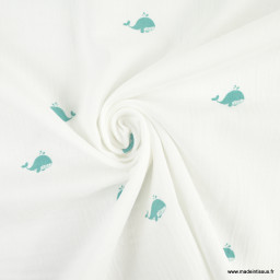 Tissu Double gaze Baleinou coton motif baleines aqua fond blanc - oeko tex