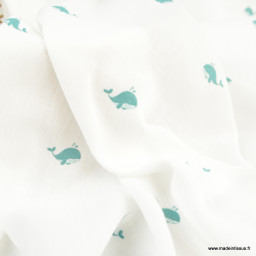 Tissu Double gaze Baleinou coton motif baleines aqua fond blanc - oeko tex