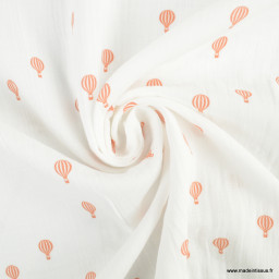 Tissu Double gaze coton motif montgolfières terracotta fond blanc - oeko tex