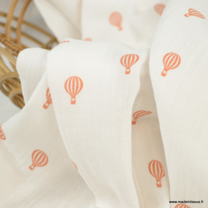 Tissu Double gaze coton motif montgolfières terracotta fond blanc - oeko tex