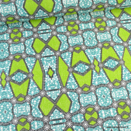 Tissu coton Libreville motifs wax bleu et vert -  oeko tex