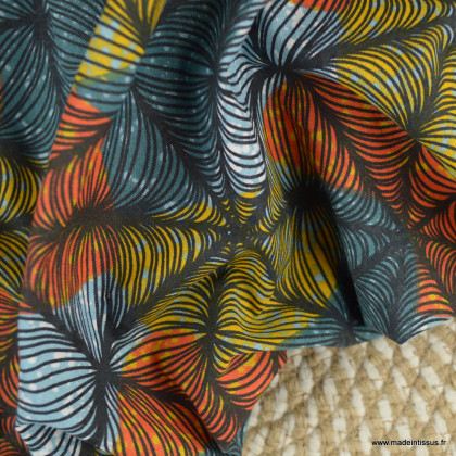 Tissu coton Dakar motifs wax bleu, orange et jaune -  oeko tex