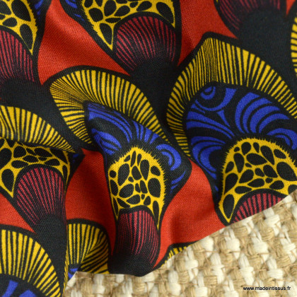 Tissu coton Nakura motifs wax bleu et rouge -  oeko tex