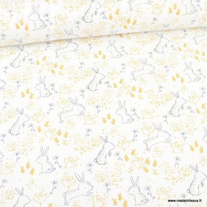 Tissu cretonne coton Haylie motifs lapins ambre et blanc -  oeko tex